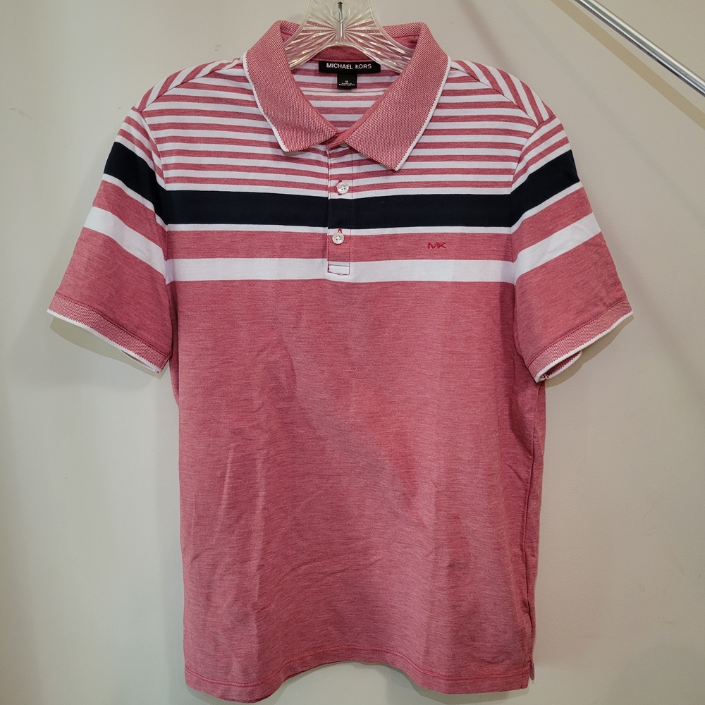 Michael Kors Men's Short Sleeve Polo Shirt in Red With Black And White Stripes - Picture 2 of 5